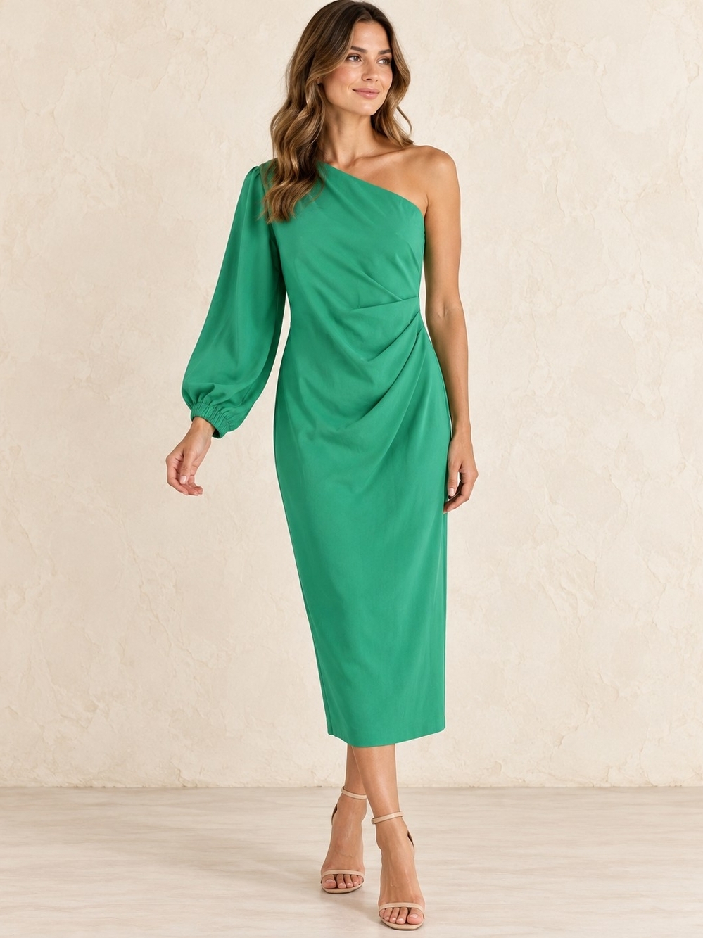 entro One-Shoulder Emerald Green Midi Dress